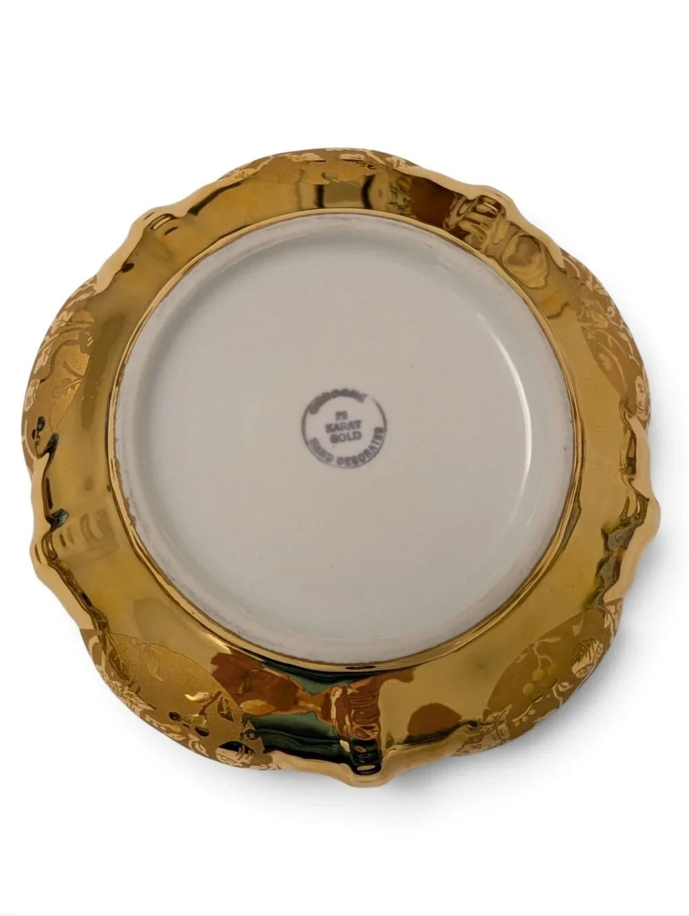 VINTAGE 21KT Porcelain Gold Bold Scalloped Floral Accent Bowl 7